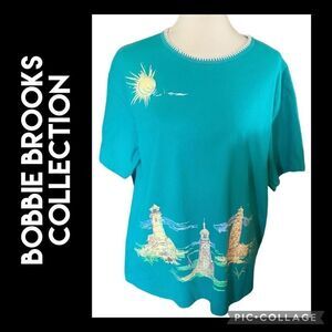 Bobby Brooks Teal Green Short Sleeve Lighthouse Blouse Size L/XL-EUC